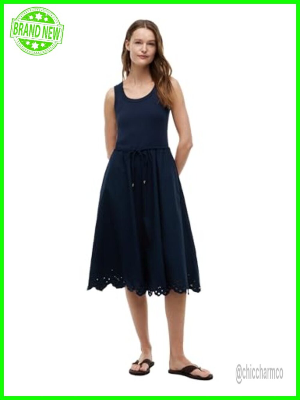 Sleeveless Cotton Eyelet Tank Dress with Waist Tie Detail